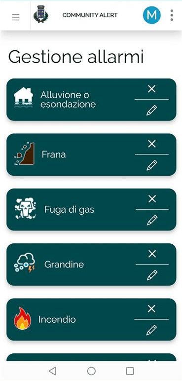 Menu mobile con lista di tipologia allarmi