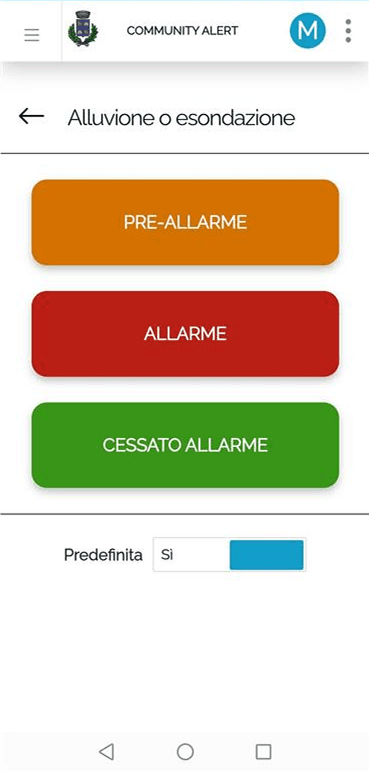Lista mobile con bottoni per invio di pre-allarme, allarme o cessato allarme